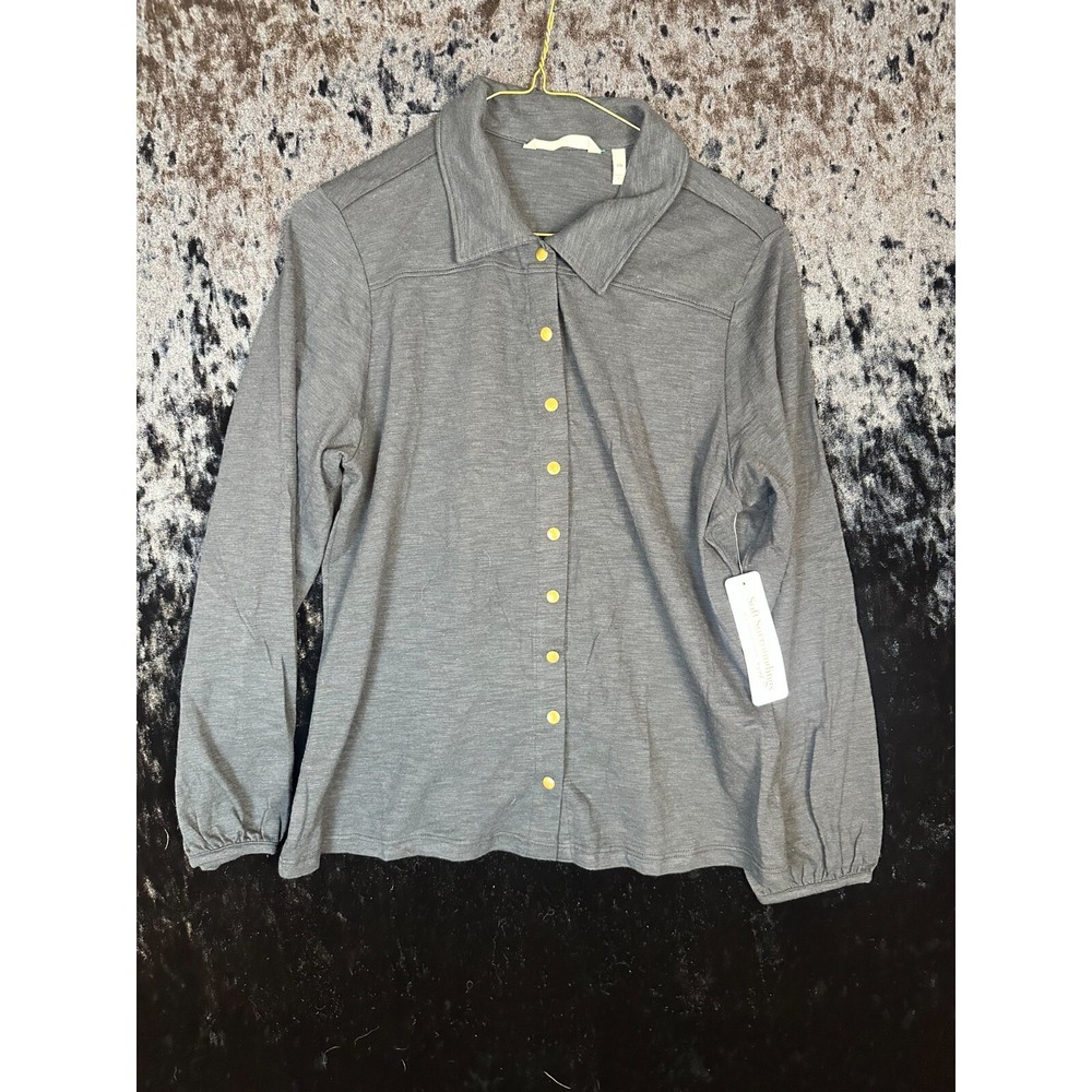 SoftSurroundings Long Sleeve Button-Up Women M Grey Petite‎ Collared Casual NWT